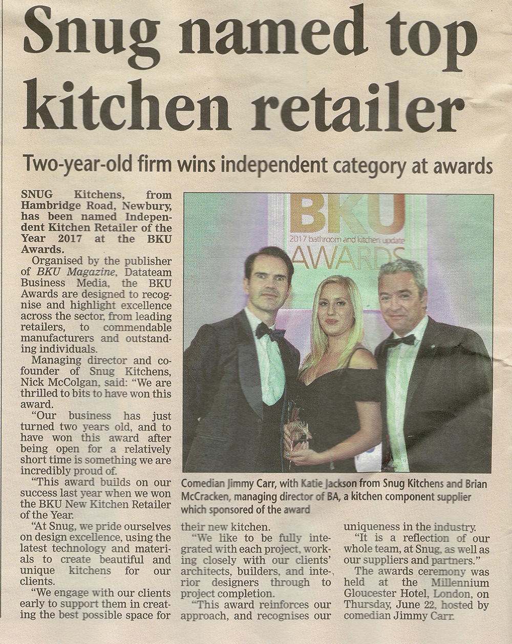 Article showing Snug Kitchens as top kitchen retailer in Newbury News Today paper