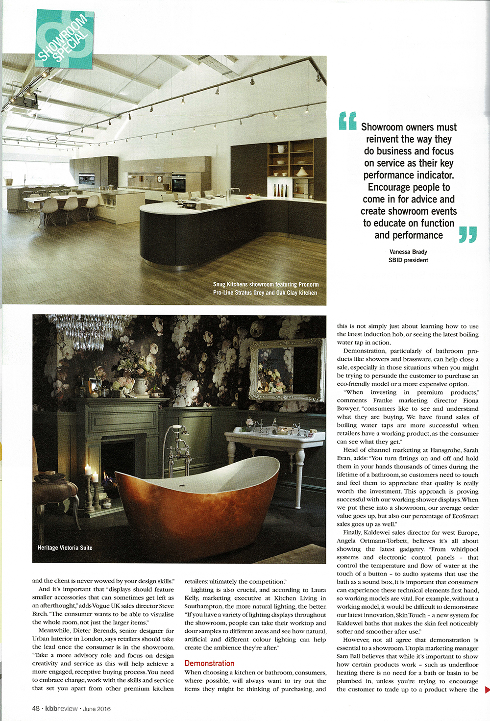 Article page In KBB Review showing Snug Kitchens Show Room