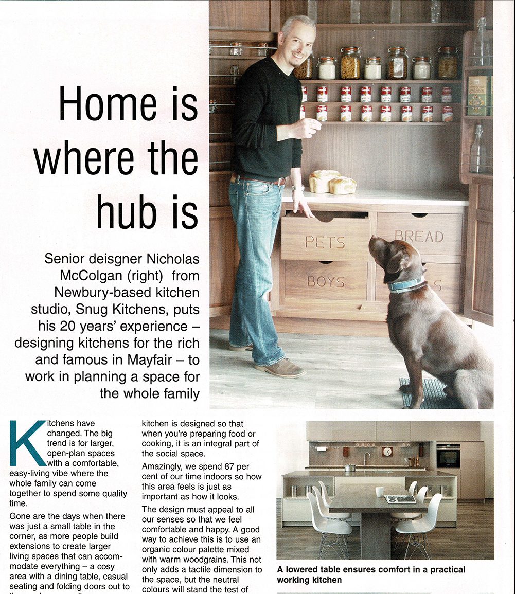 Article spread in Out & About magazine containing information taken from Nick McColgan about his company Snug Kitchens