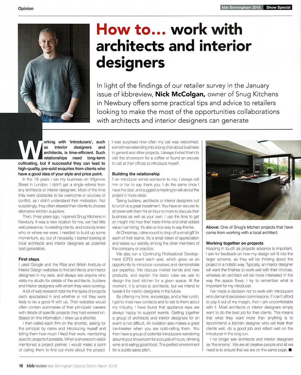 Article in KBB Review on How to work with Archiects and Designers by Nick McColgan