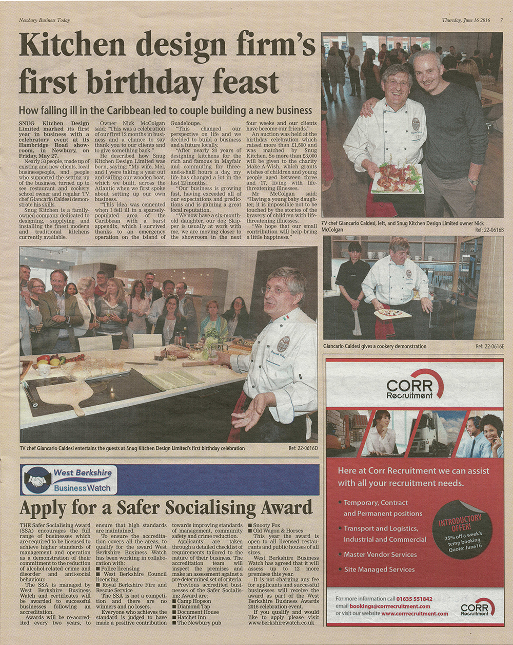 Article showing Snug Kitchens' first birthday feast with chef Giancarlo Caldesi Newbury News Today paper